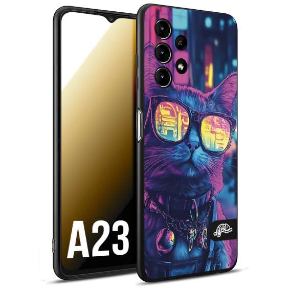 CUSTOMIZZA - Custodia cover nera morbida in tpu compatibile per Samsung A23 animali cyberpunk gatto street cat fucsia blu giallo
