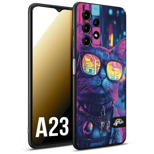 CUSTOMIZZA - Custodia cover nera morbida in tpu compatibile per Samsung A23 animali cyberpunk gatto street cat fucsia blu giallo