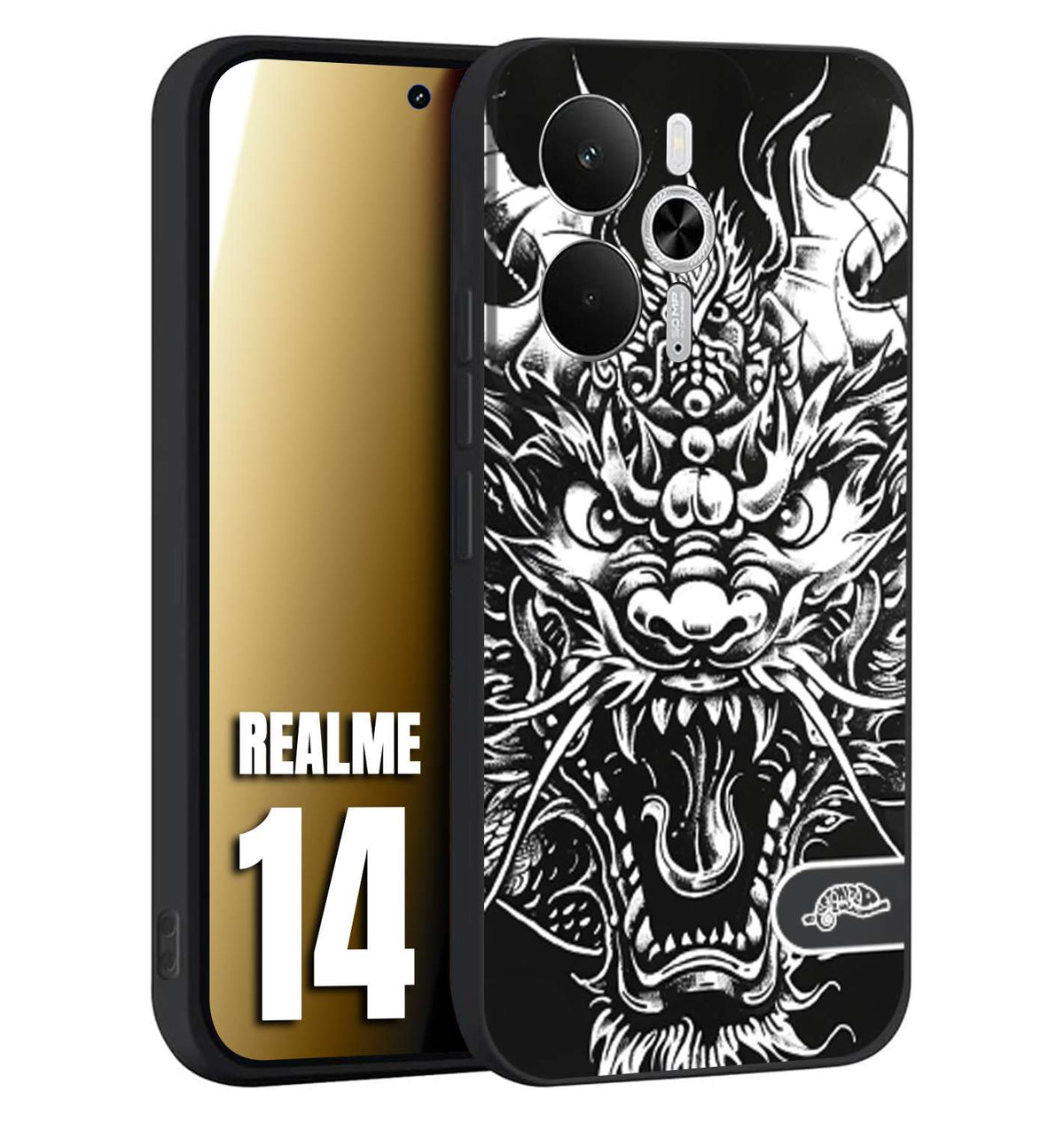 CUSTOMIZZA - Custodia cover nera morbida in tpu compatibile per Realme 14 5G drago black and white bianco a rilievo disegnato tattoo tatuaggio