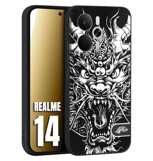 CUSTOMIZZA - Custodia cover nera morbida in tpu compatibile per Realme 14 5G drago black and white bianco a rilievo disegnato tattoo tatuaggio