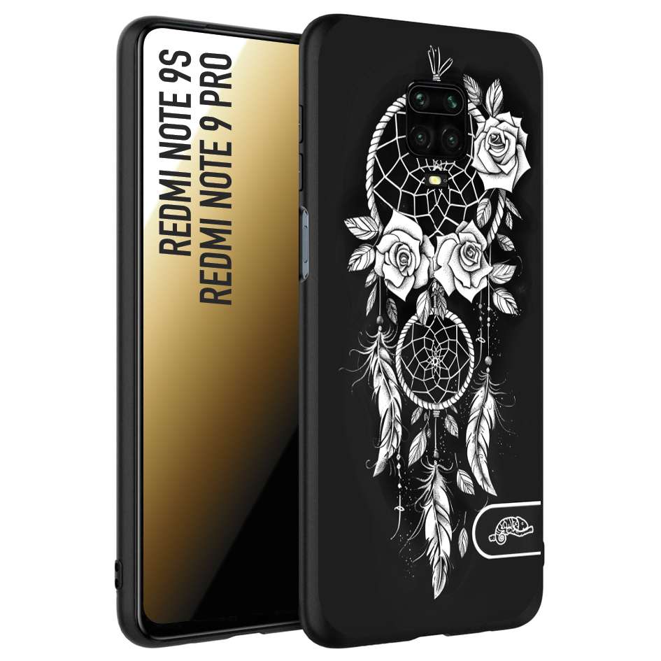 CUSTOMIZZA - Custodia cover nera morbida in tpu compatibile per Xiaomi Redmi Note 9S - Note 9 PRO acchiappasogni dreamcatcher black and white bianco a rilievo disegnato tattoo tatuaggio