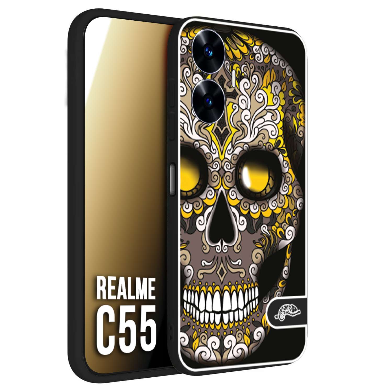 CUSTOMIZZA - Custodia cover nera morbida in tpu compatibile per Oppo C55 teschio messicano Mexican skull nero giallo