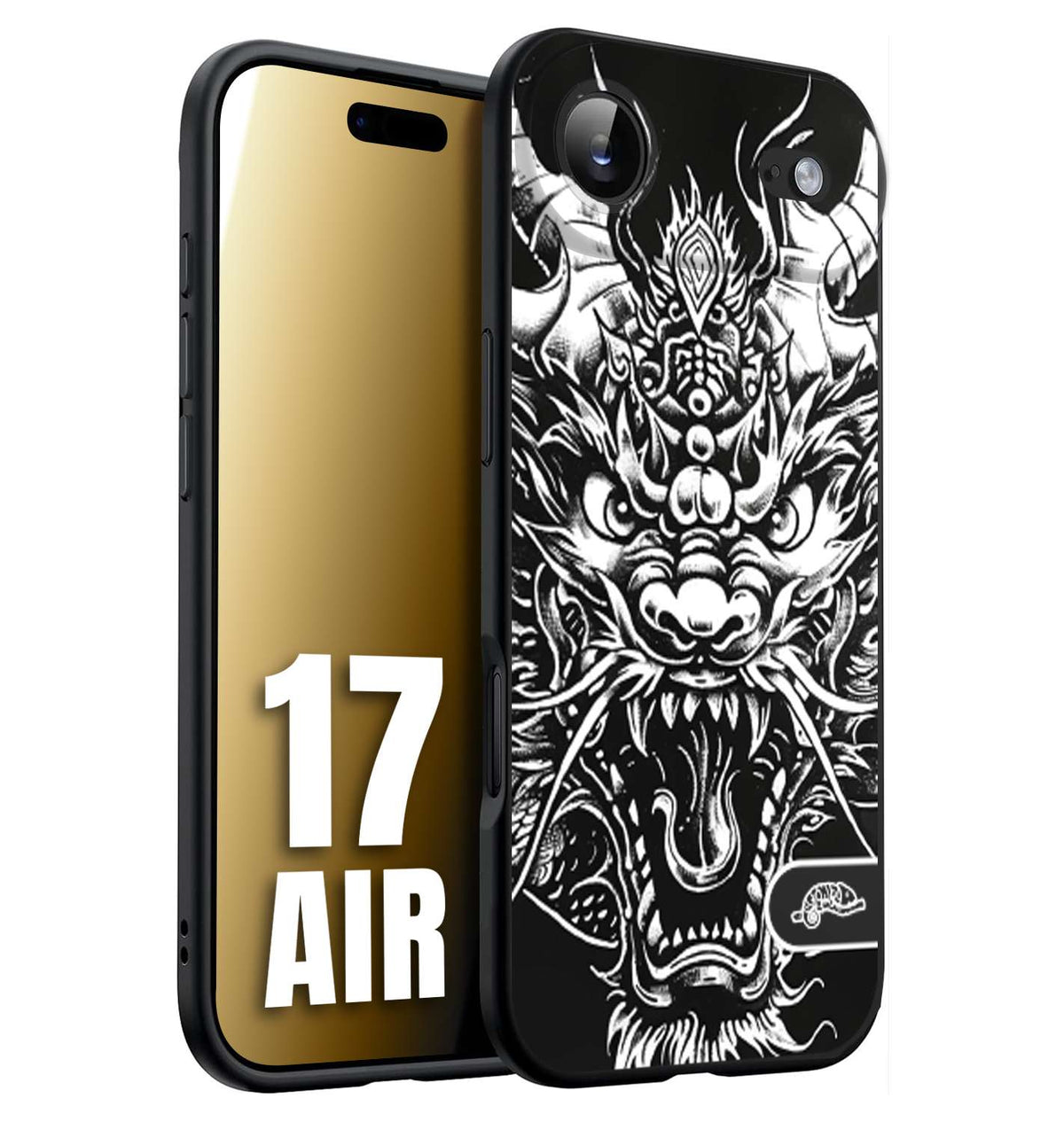 CUSTOMIZZA - Custodia cover nera morbida in tpu compatibile per iPhone 17 AIR drago black and white bianco a rilievo disegnato tattoo tatuaggio