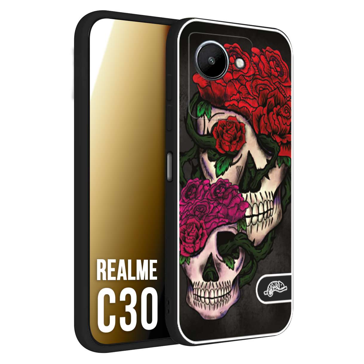 CUSTOMIZZA - Custodia cover nera morbida in tpu compatibile per Oppo Realme C30 teschi e rose rosse fucsia skull and roses