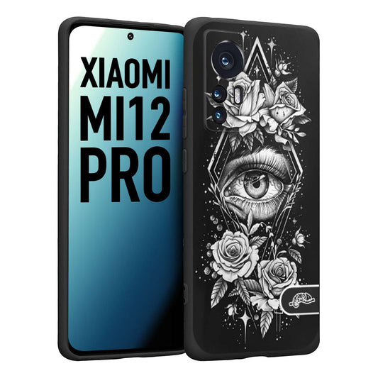 CUSTOMIZZA - Custodia cover nera morbida in tpu compatibile per Xiaomi 12 PRO occhio fiori rombo geometrico black and white bianco a rilievo disegnato tattoo tatuaggio