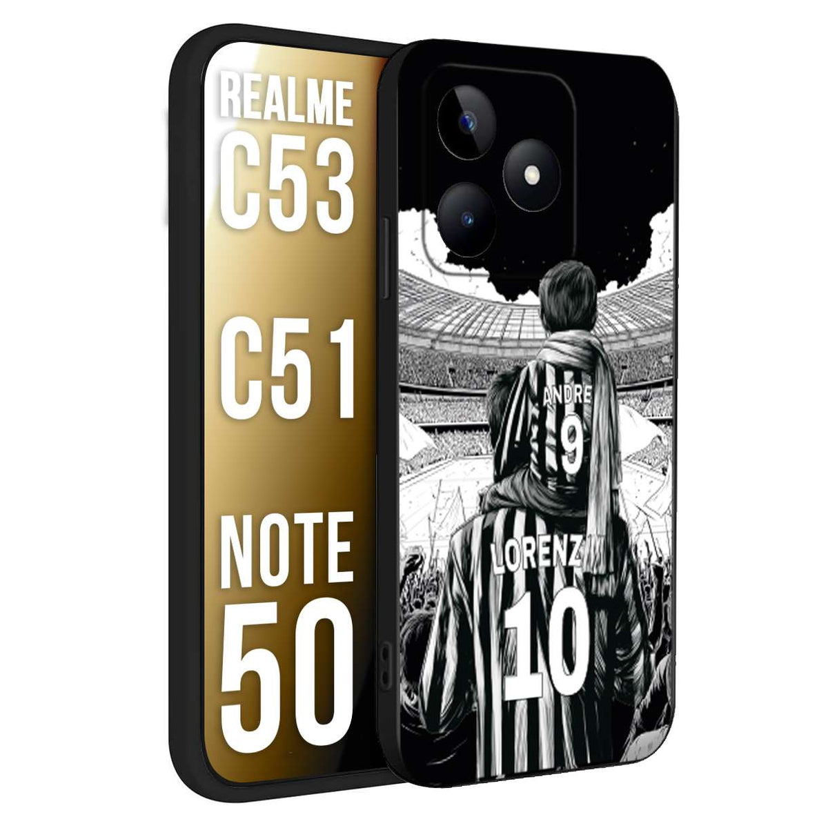 CUSTOMIZZA - Custodia cover nera morbida in tpu compatibile per Realme C53 - C51 - NOTE 50 personalizzata calcio football nome e numero calciatori bianconeri bianca e nera