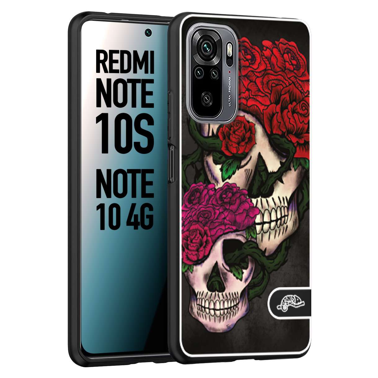 CUSTOMIZZA - Custodia cover nera morbida in tpu compatibile per Xiaomi Redmi Note 10S teschi e rose rosse fucsia skull and roses