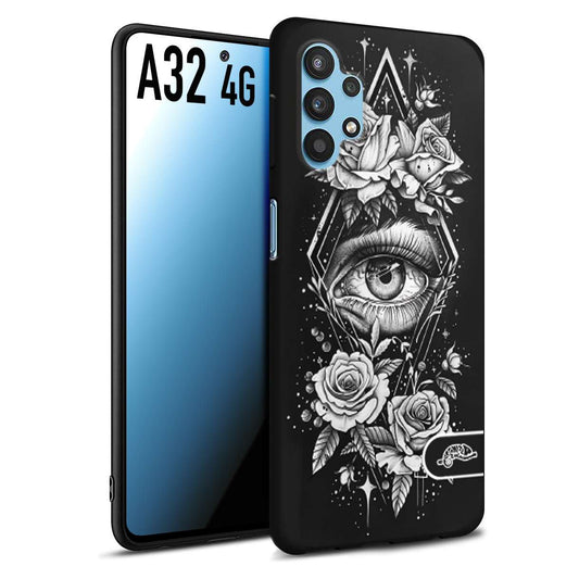 CUSTOMIZZA - Custodia cover nera morbida in tpu compatibile per Samsung A32 4G occhio fiori rombo geometrico black and white bianco a rilievo disegnato tattoo tatuaggio