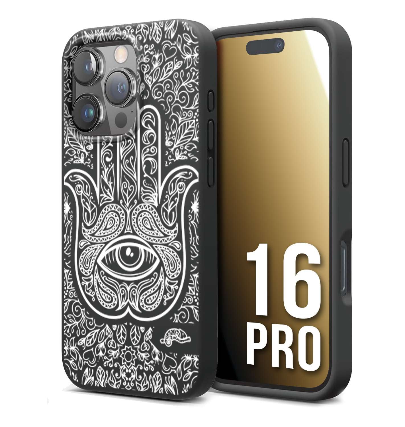 CUSTOMIZZA - Custodia cover nera morbida in tpu compatibile per iPhone 16 PRO mano di fatima effetto rilievo mandala donna