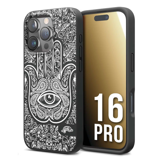 CUSTOMIZZA - Custodia cover nera morbida in tpu compatibile per iPhone 16 PRO mano di fatima effetto rilievo mandala donna