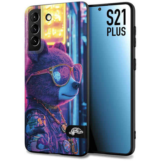 CUSTOMIZZA - Custodia cover nera morbida in tpu compatibile per Samsung S21 PLUS animali cyberpunk orsetto orso street bear fucsia blu night