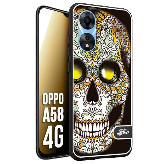CUSTOMIZZA - Custodia cover nera morbida in tpu compatibile per Oppo A58 4G teschio messicano Mexican skull bianco verde giallo