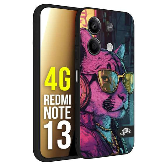 CUSTOMIZZA - Custodia cover nera morbida in tpu compatibile per Xiaomi Redmi Note 13 4G animali cyberpunk pantera street cat fucsia blu giallo