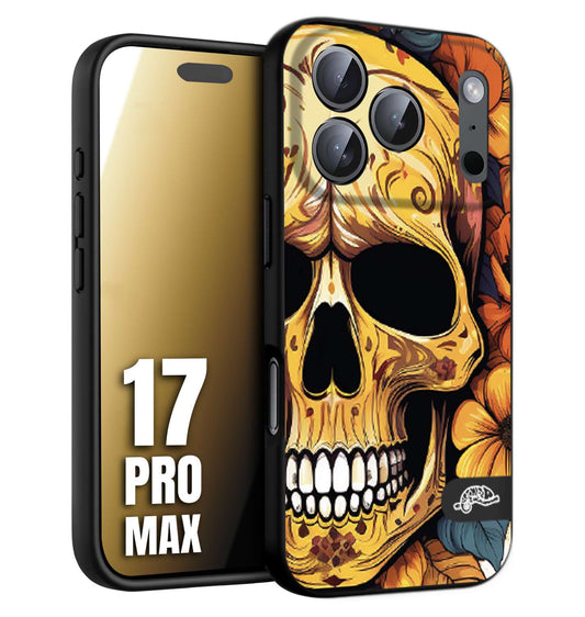 CUSTOMIZZA - Custodia cover nera morbida in tpu compatibile per iPhone 17 PRO MAX teschio messicano colorato dorato fiori autunnali disegnato