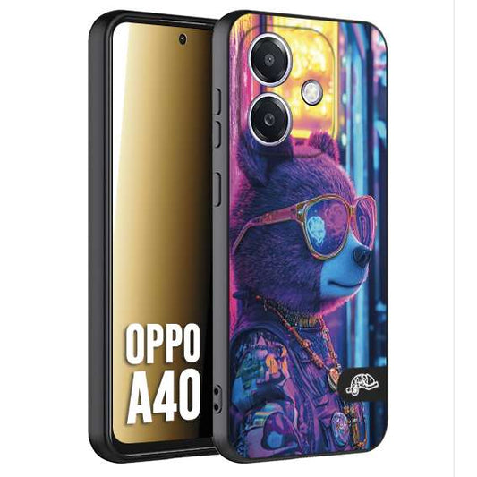 CUSTOMIZZA - Custodia cover nera morbida in tpu compatibile per Oppo A40 animali cyberpunk orsetto orso street bear fucsia blu night