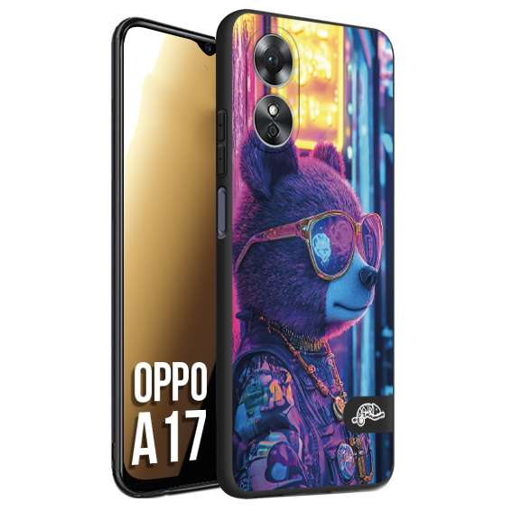 CUSTOMIZZA - Custodia cover nera morbida in tpu compatibile per Oppo A17 animali cyberpunk orsetto orso street bear fucsia blu night
