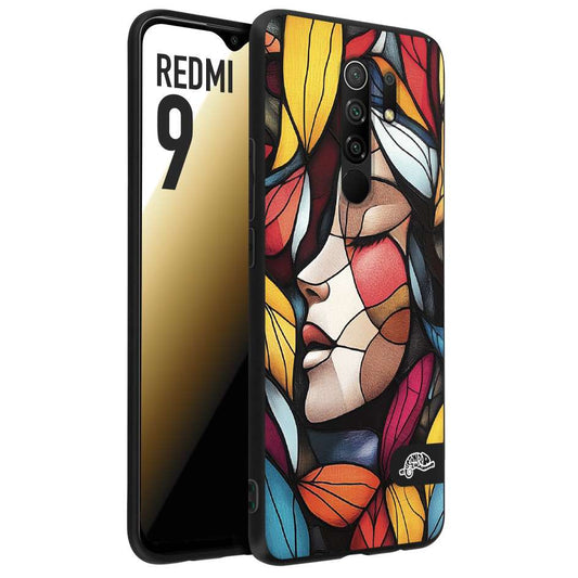 CUSTOMIZZA - Custodia cover nera morbida in tpu compatibile per Xiaomi Redmi 9 Vetrata artistica volto di donna profilo fogliare mosaico di vetro colorato