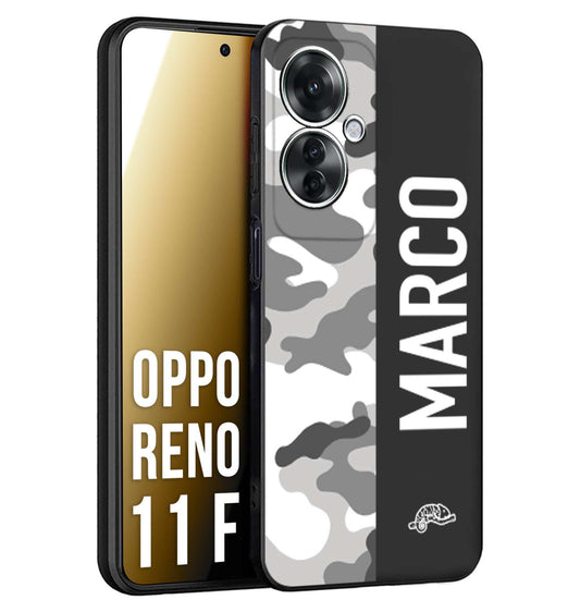 CUSTOMIZZA - Custodia cover nera morbida in tpu compatibile per Oppo Reno 11 F 5G camouflage mimetico militare personalizzata nome bianco