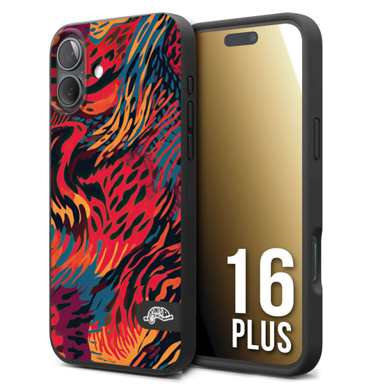 CUSTOMIZZA - Custodia cover nera morbida in tpu compatibile per iPhone 16 PLUS leopardato maculato tigrato colorata fiamme rossa blu arancione