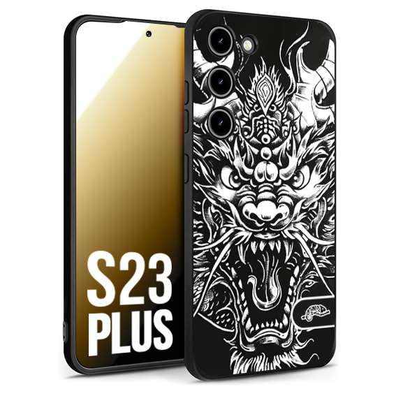 CUSTOMIZZA - Custodia cover nera morbida in tpu compatibile per Samsung S23 PLUS drago black and white bianco a rilievo disegnato tattoo tatuaggio