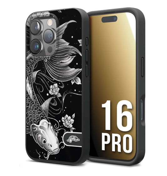 CUSTOMIZZA - Custodia cover nera morbida in tpu compatibile per iPhone 16 PRO carpa koi black and white bianco a rilievo disegnato tattoo tatuaggio