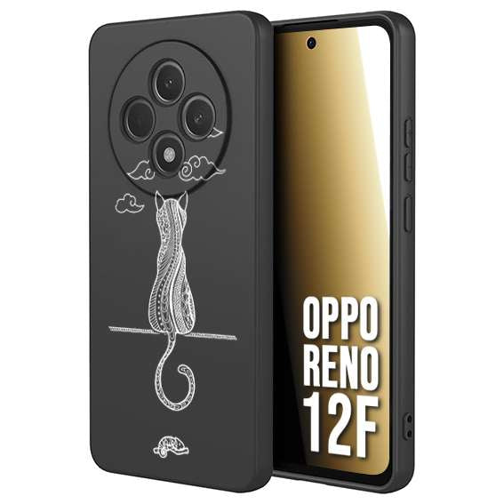 CUSTOMIZZA - Custodia cover nera morbida in tpu compatibile per Oppo Reno 12F gatto mandala stilizzato gattino a rilievo soft touch donna bianca