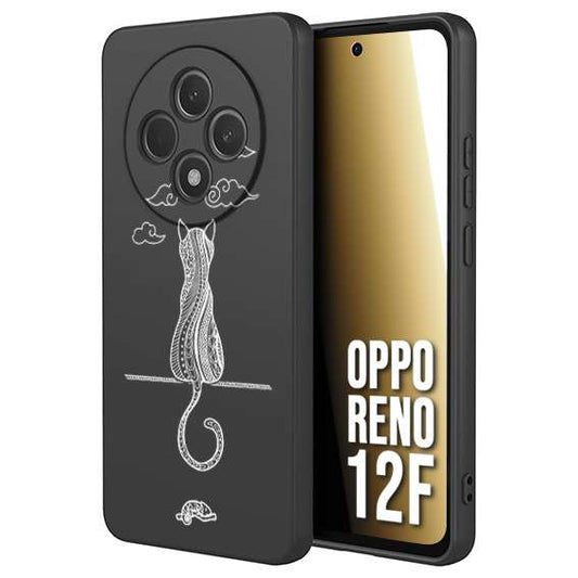 CUSTOMIZZA - Custodia cover nera morbida in tpu compatibile per Oppo Reno 12F gatto mandala stilizzato gattino a rilievo soft touch donna bianca