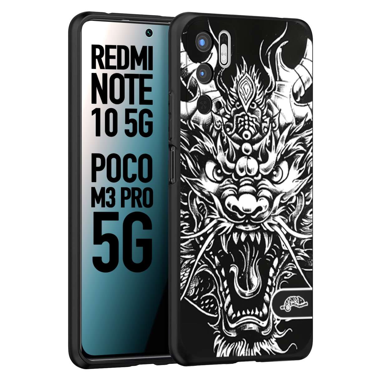 CUSTOMIZZA - Custodia cover nera morbida in tpu compatibile per Xiaomi Redmi Note 10 5G - Poco M3 Pro 5G drago black and white bianco a rilievo disegnato tattoo tatuaggio