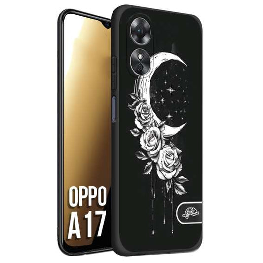 CUSTOMIZZA - Custodia cover nera morbida in tpu compatibile per Oppo A17 luna e fiori moon flowers black and white bianco a rilievo disegnato tattoo tatuaggio