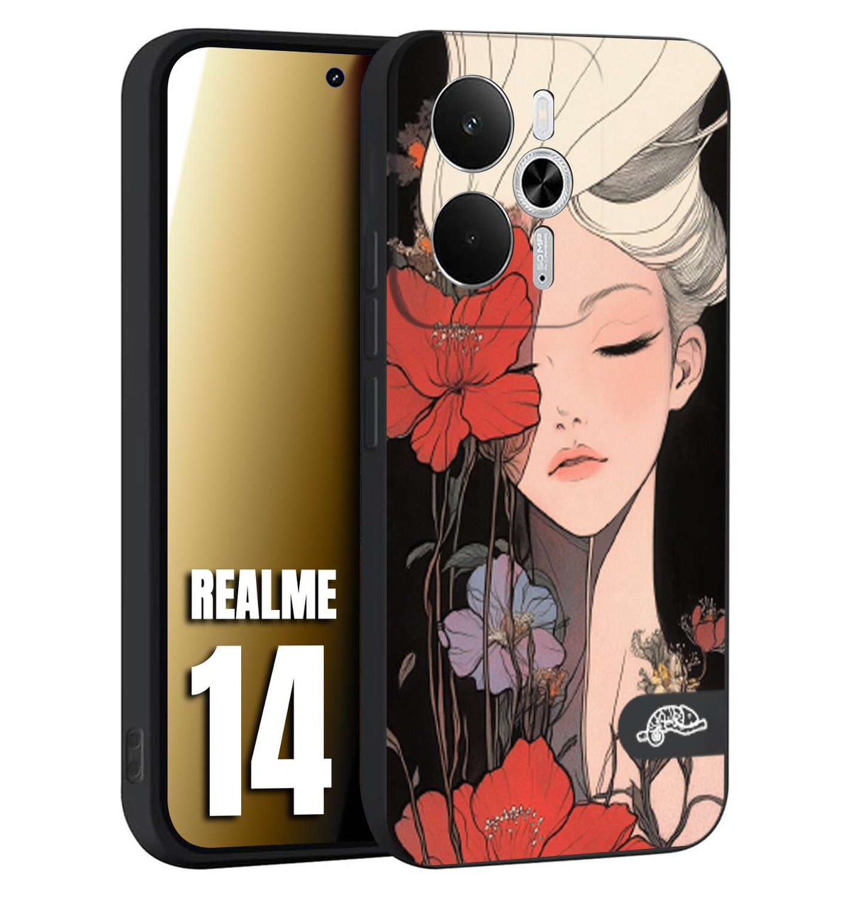 CUSTOMIZZA - Custodia cover nera morbida in tpu compatibile per Realme 14 5G woman flower Fantasia Floreale Design Donna e Fiori, Retro Artistico