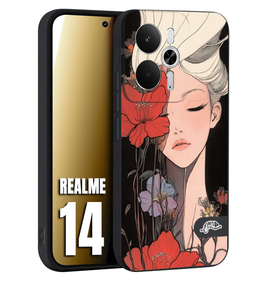 CUSTOMIZZA - Custodia cover nera morbida in tpu compatibile per Realme 14 5G woman flower Fantasia Floreale Design Donna e Fiori, Retro Artistico