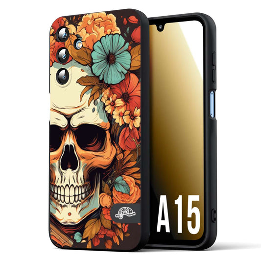 CUSTOMIZZA - Custodia cover nera morbida in tpu compatibile per Samsung A15 5G teschio skull flowers fiori autunnali arancio celeste tattoo