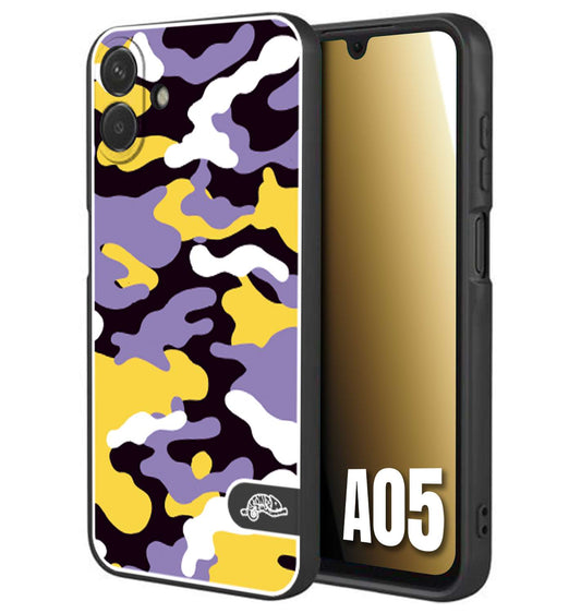 CUSTOMIZZA - Custodia cover nera morbida in tpu compatibile per Samsung A05 camouflage mimetico militare viola lilla giallo