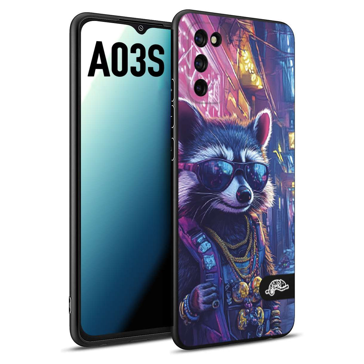 CUSTOMIZZA - Custodia cover nera morbida in tpu compatibile per Samsung A03S animali simpatici cyberpunk procione racoon street cat fucsia blu giallo