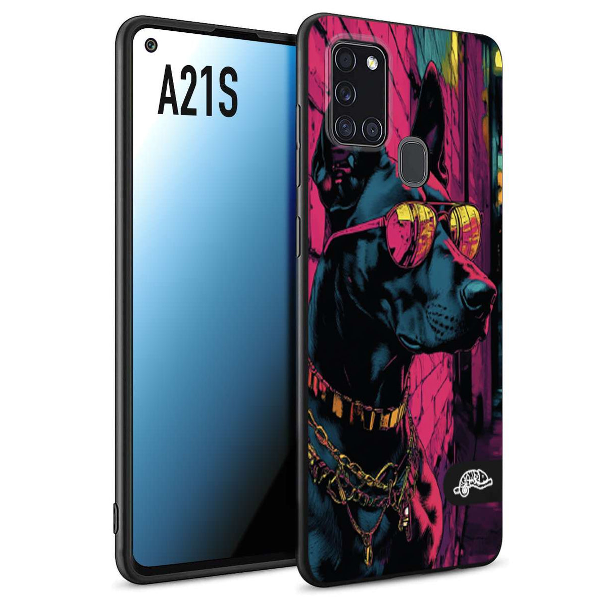 CUSTOMIZZA - Custodia cover nera morbida in tpu compatibile per Samsung A21S animali cyberpunk dobermann cane street dog fucsia blu
