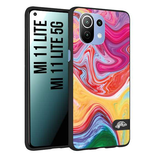 CUSTOMIZZA - Custodia cover nera morbida in tpu compatibile per Xiaomi Mi 11 Lite / Mi 11 Lite 5G colorata fantasia vortice marmo onde verde fucsia gialla