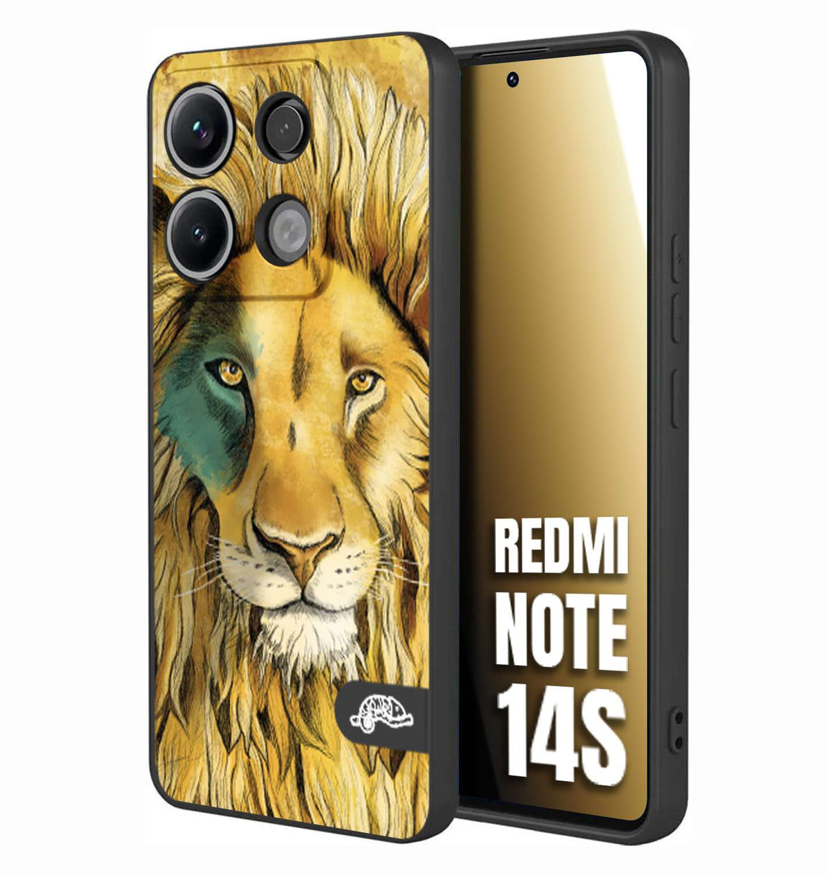CUSTOMIZZA - Custodia cover nera morbida in tpu compatibile per Xiaomi Redmi Note 14S leone lion disegnato a mano giallo blu a rilievo artistico brown