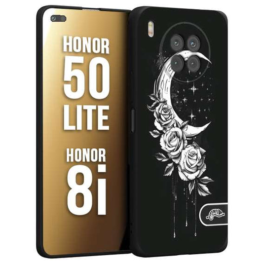 CUSTOMIZZA - Custodia cover nera morbida in tpu compatibile per Honor 8i - Honor 50 LITE luna e fiori moon flowers black and white bianco a rilievo disegnato