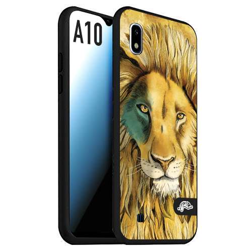 CUSTOMIZZA - Custodia cover nera morbida in tpu compatibile per Samsung A10 leone lion disegnato a mano giallo blu a rilievo artistico brown