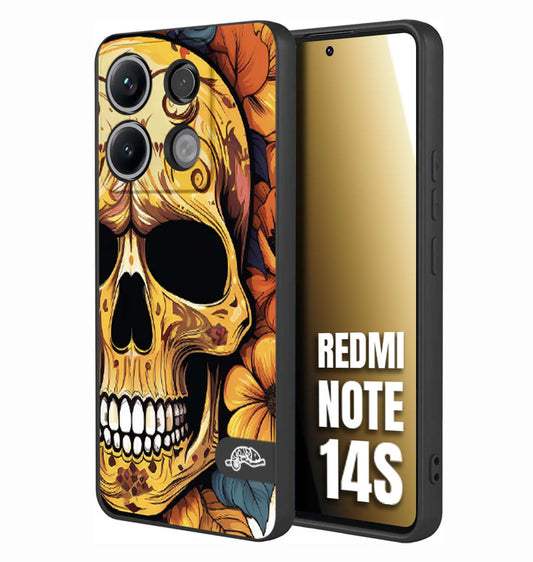 CUSTOMIZZA - Custodia cover nera morbida in tpu compatibile per Xiaomi Redmi Note 14S teschio messicano colorato dorato fiori autunnali disegnato