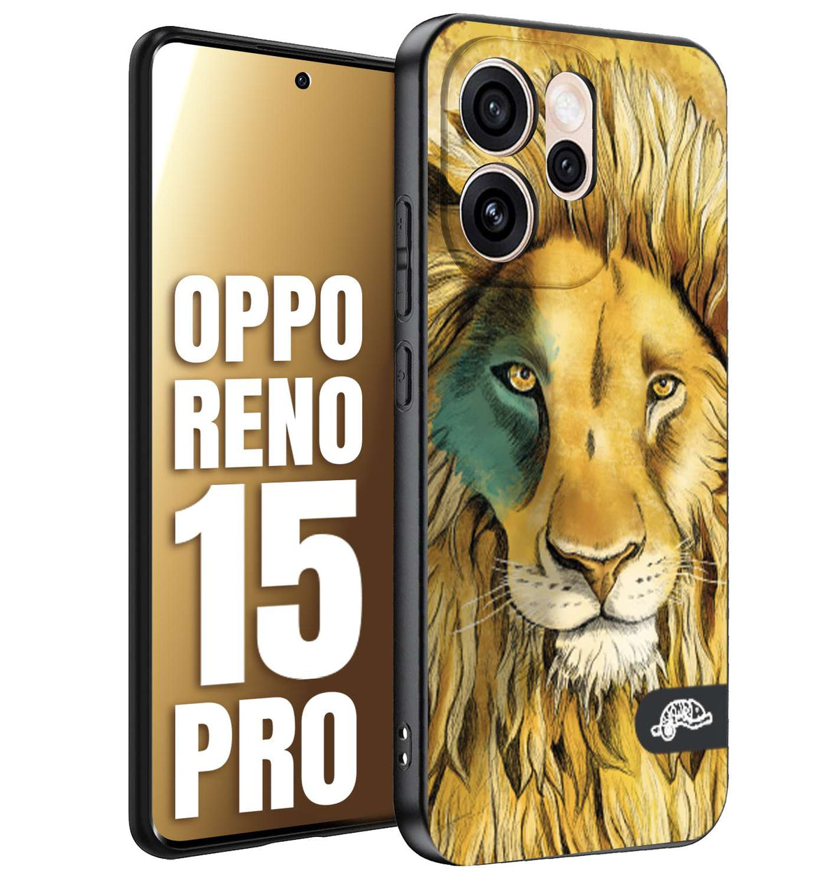 CUSTOMIZZA - Custodia cover nera morbida in tpu compatibile per Oppo Reno 15 PRO leone lion disegnato a mano giallo blu a rilievo artistico brown