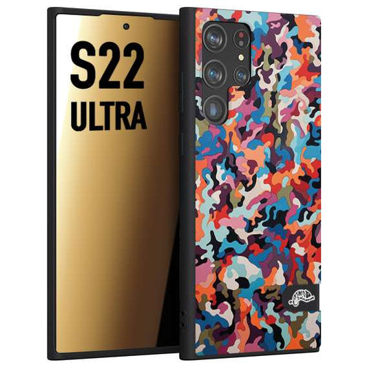 CUSTOMIZZA - Custodia cover nera morbida in tpu compatibile per Samsung S22 ULTRA camouflage mimetico militare moderno blu arancio rosa