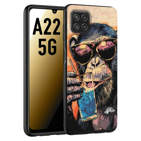 CUSTOMIZZA - Custodia cover nera morbida in tpu compatibile per Samsung A22 5G estate disegnata cocktails animali simpatici scimmia monkey negroni