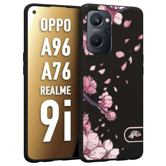 CUSTOMIZZA - Custodia cover nera morbida in tpu compatibile per Realme 9i - A96 - A76 giapponese fiori di ciliegio in fiore a rilievo disegnata tattoo