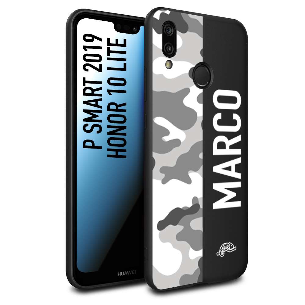 CUSTOMIZZA - Custodia cover nera morbida in tpu compatibile per Huawei P Smart 2019 camouflage mimetico militare personalizzata nome bianco