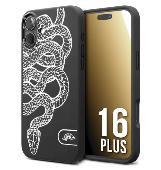 CUSTOMIZZA - Custodia cover nera morbida in tpu compatibile per iPhone 16 PLUS serpente snake bianco a rilievo disegnato tattoo tatuaggio