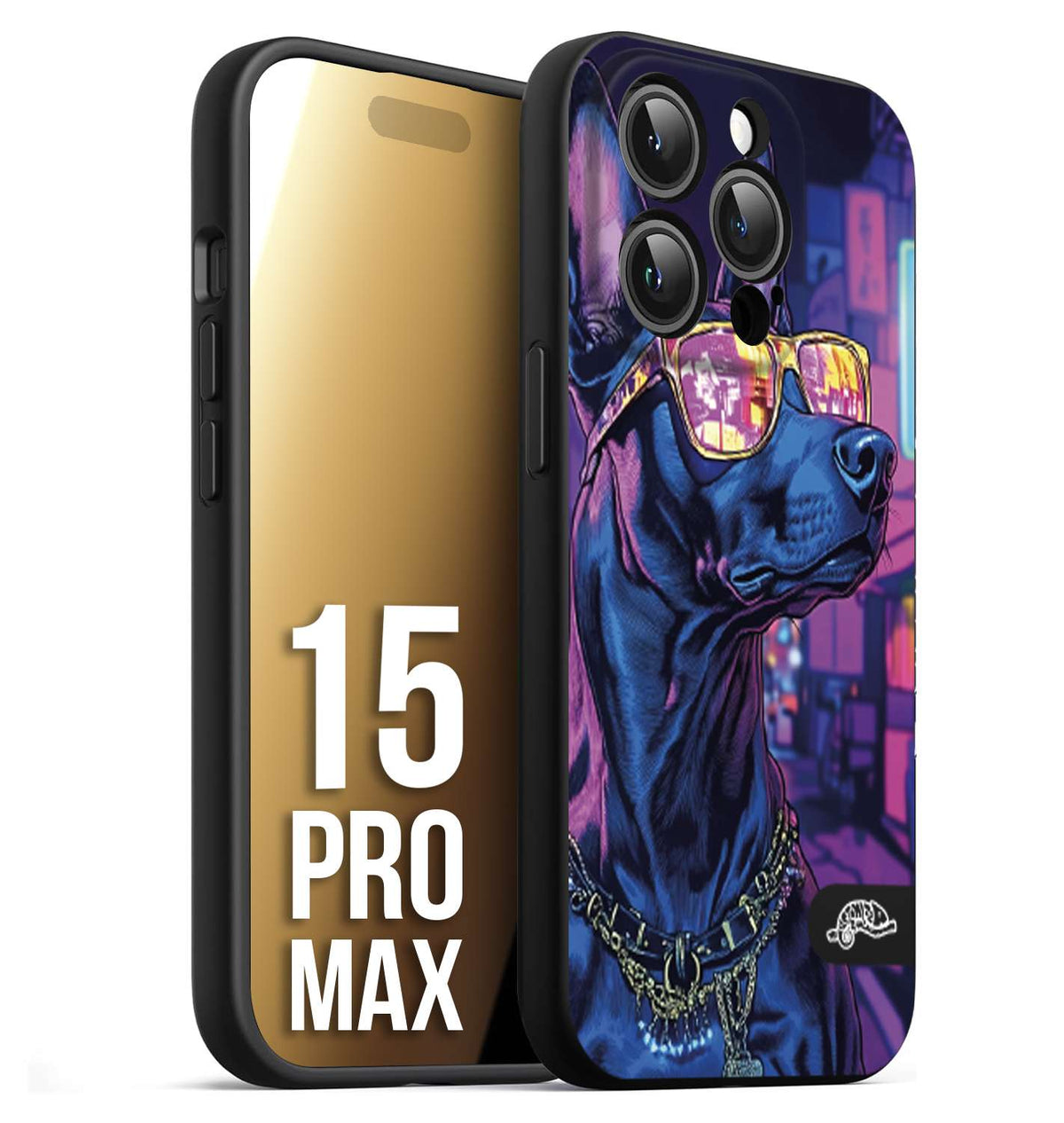 CUSTOMIZZA - Custodia cover nera morbida in tpu compatibile per iPhone 15 PRO MAX animali cyberpunk dobermann cane street dog fucsia blu night