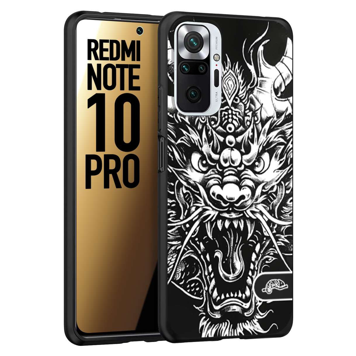 CUSTOMIZZA - Custodia cover nera morbida in tpu compatibile per Xiaomi Redmi Note 10 PRO drago black and white bianco a rilievo disegnato tattoo tatuaggio