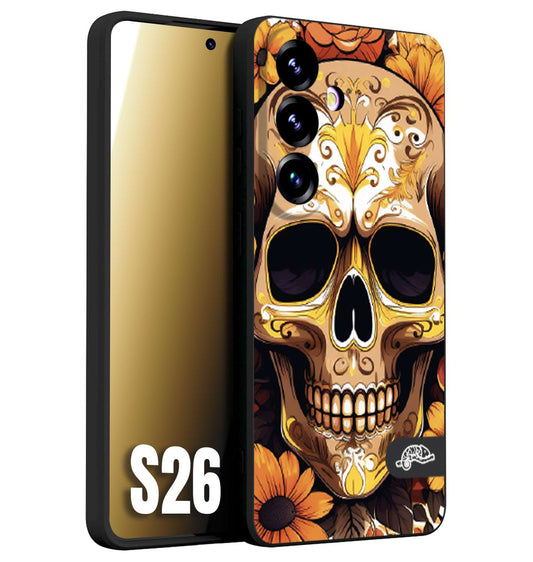 CUSTOMIZZA - Custodia cover nera morbida in tpu compatibile per Samsung S26 teschio messicano colorato dorato fiori tattoo disegnato