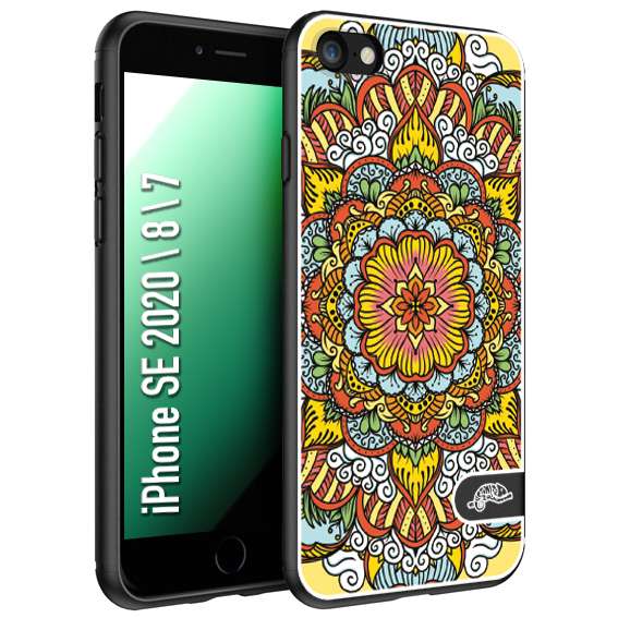 CUSTOMIZZA - Custodia cover nera morbida in tpu compatibile per iPhone 7 - 8 - SE 2020 / 2022 mandala colorato fiore nuvole arancione